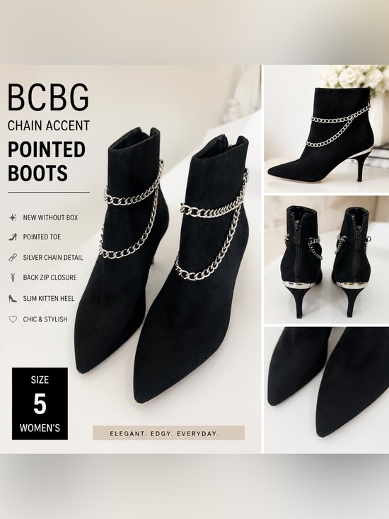 BCBGeneration Shoes - BCBG Black Chain Accent Pointed-Toe Ankle Boots | Women’s Size 5 | NWOB